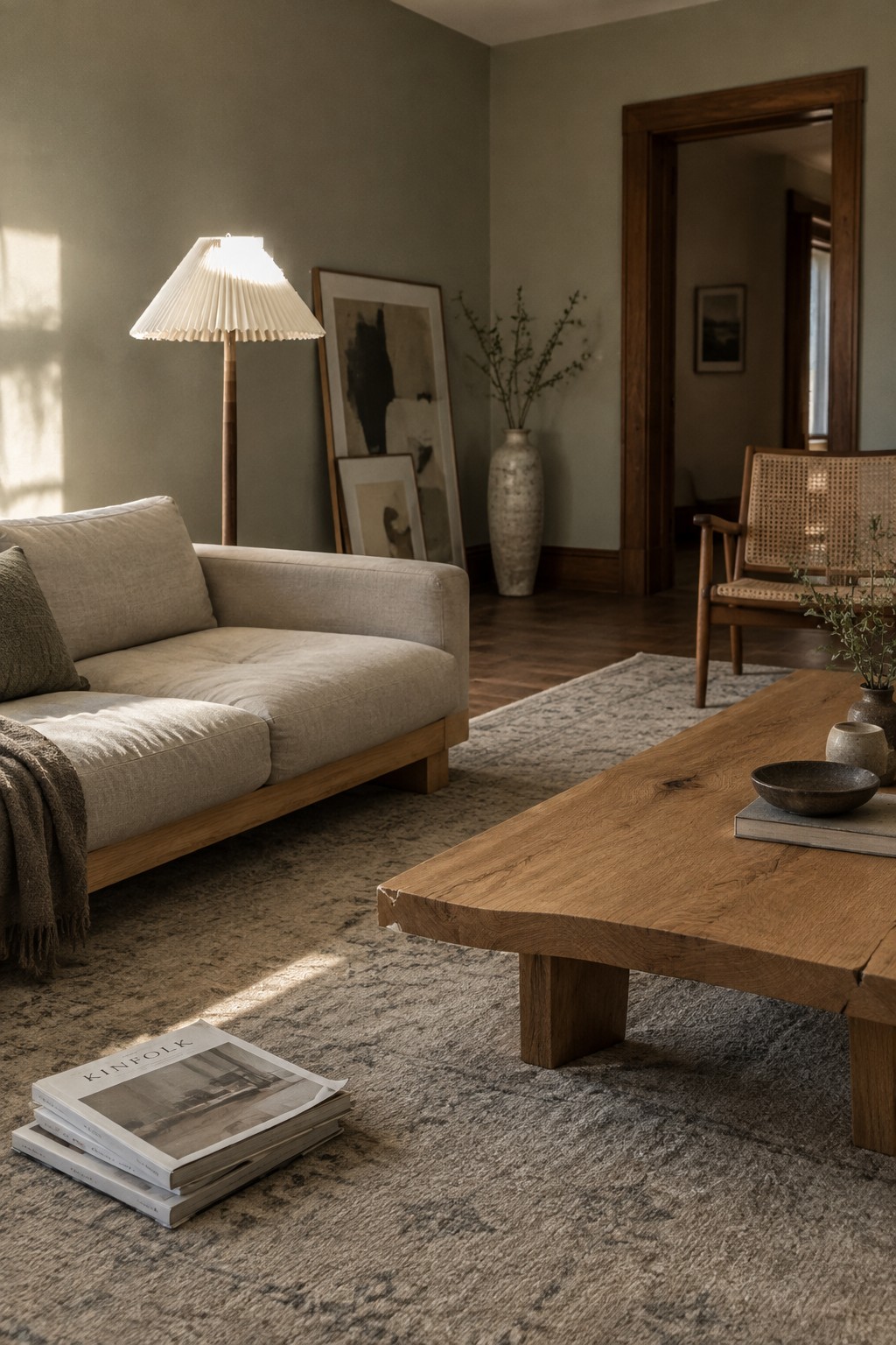 Warm greige walls in a living room with dark wood trim and flooring.