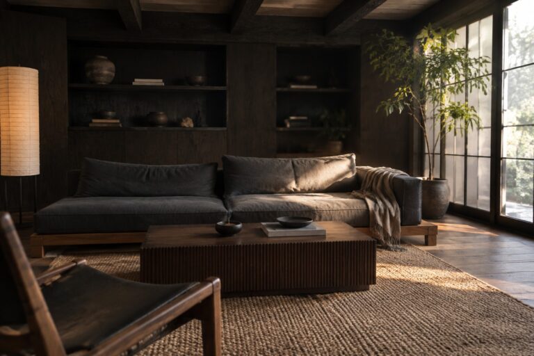 22 Dark Japandi Interiors Built Around Rich Wood Finishes A dark living room with a charcoal sofa, built-in wood shelves, exposed ceiling beams, and a fluted wood coffee table.