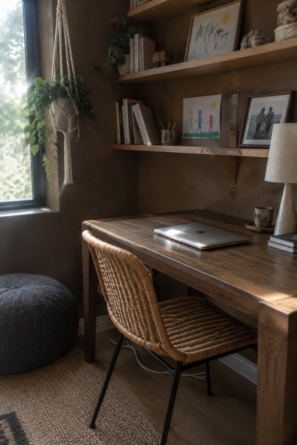 A dark wood desk with a closed laptop sits beside a woven chair beneath wooden shelves in a home office.
