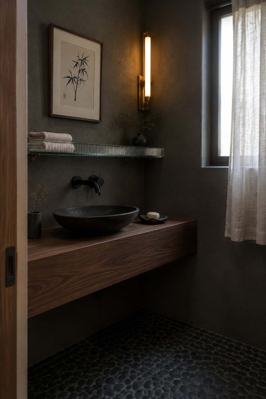 A dark bathroom with a floating wood vanity, black vessel sink, wall-mounted faucet, glass shelf, framed botanical print, and a curtained window.
