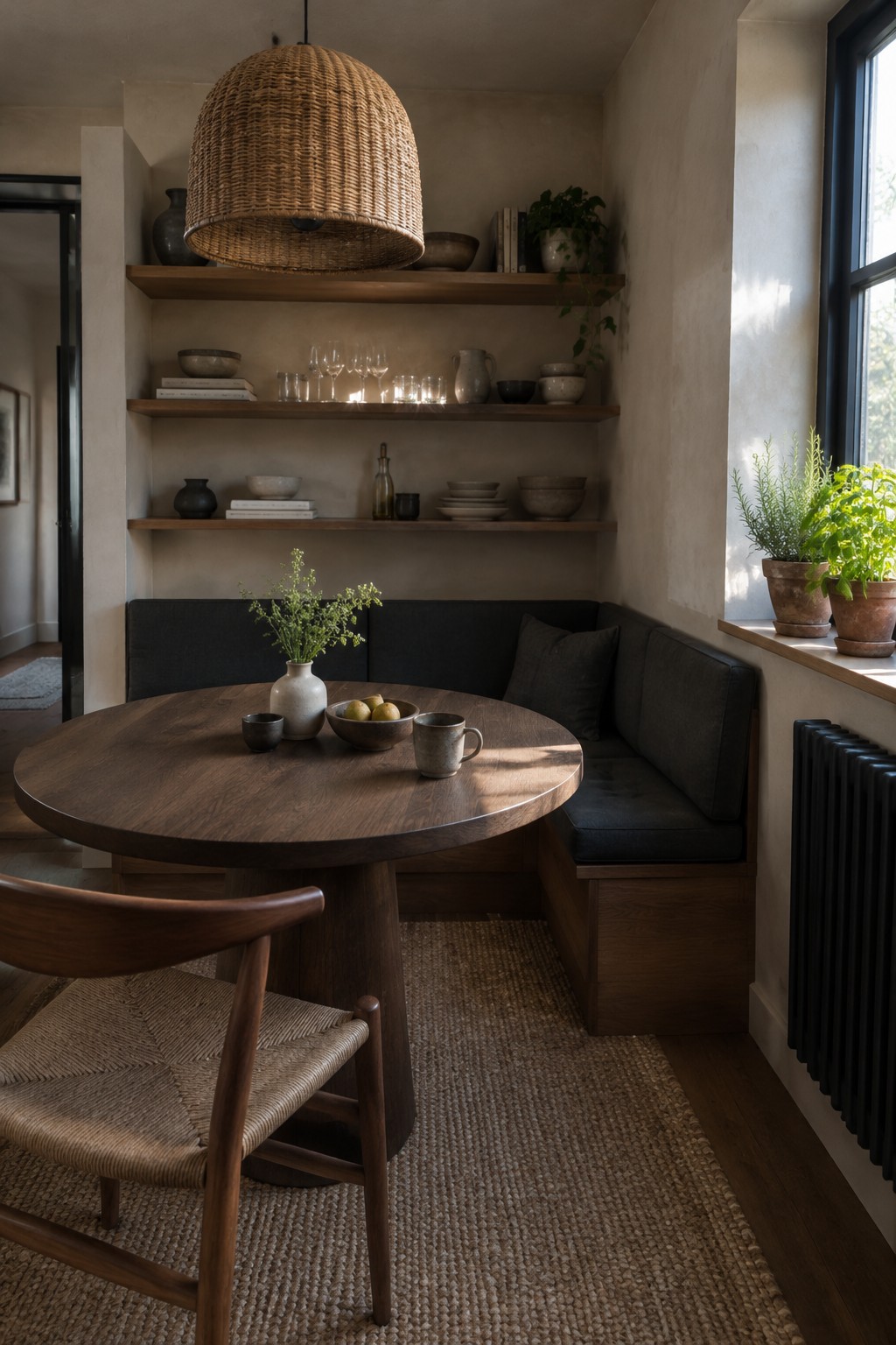 A dark wood round table sits in front of an L-shaped built-in bench in a dining nook with open shelves.