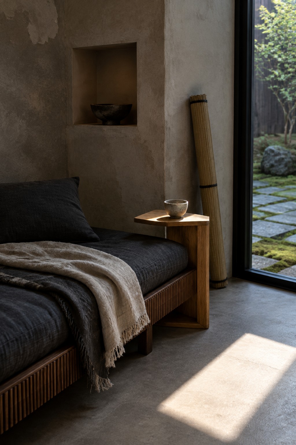 A dark upholstered bed with a slatted wood base sits beside a wooden side table in a bedroom with textured plaster walls.