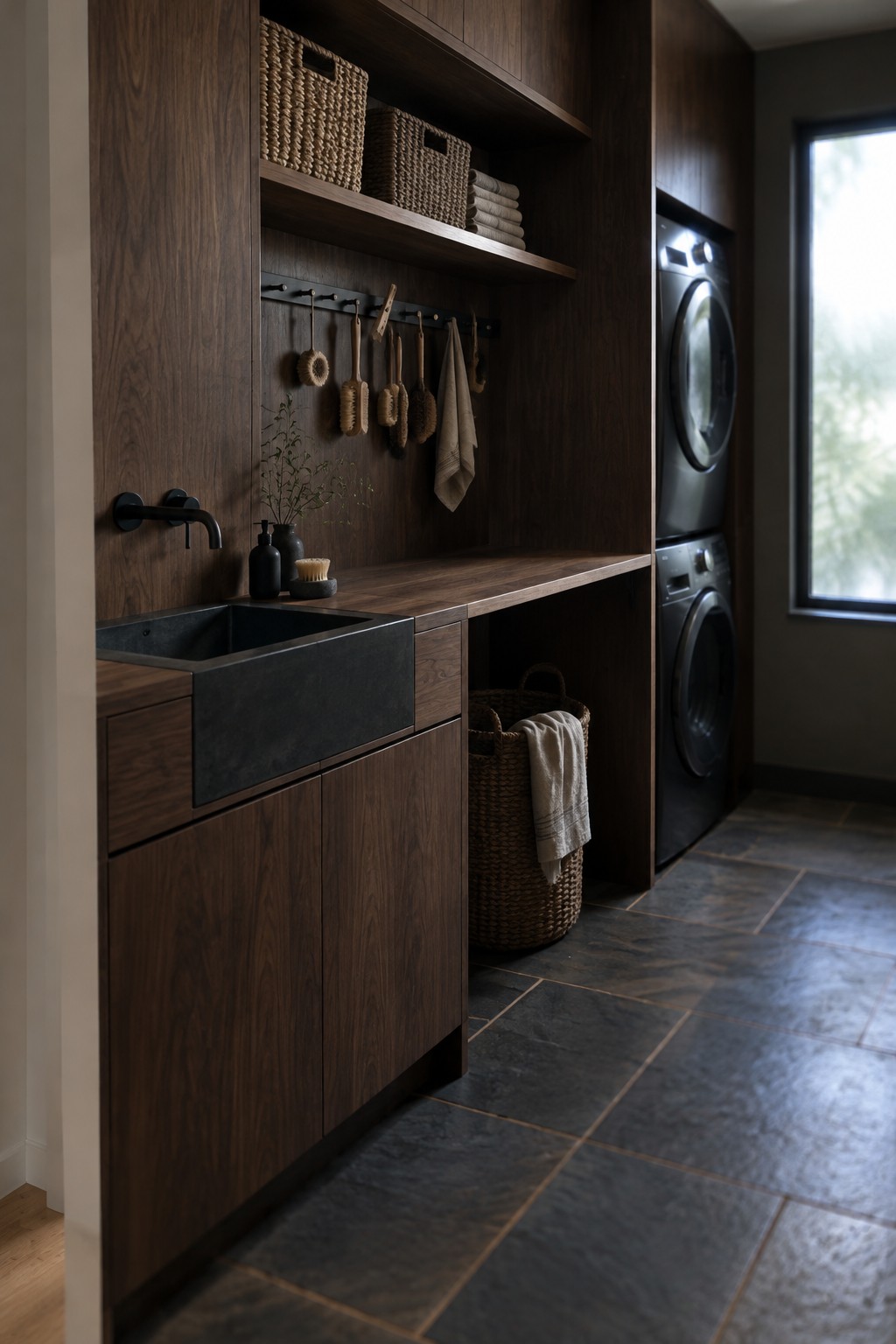 A laundry room with dark wood built-ins, open shelves, a black utility sink, and stacked front-loading machines.