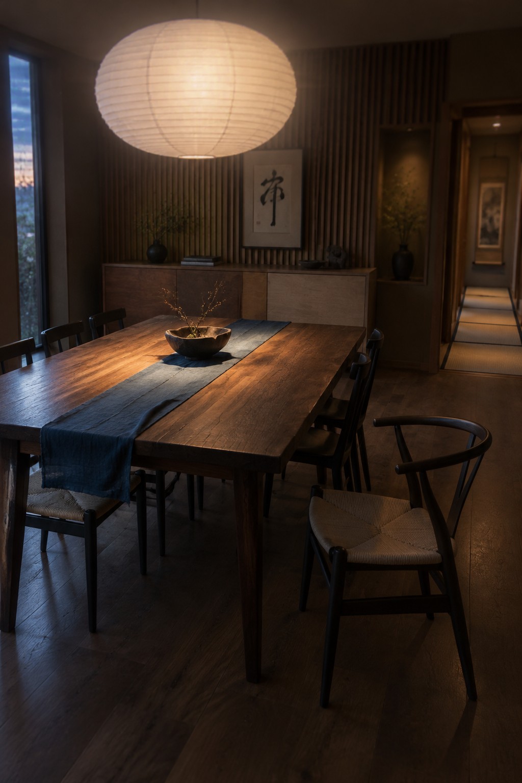 A dark wood dining table with a blue runner and woven-seat chairs sits beneath a large paper pendant lamp.