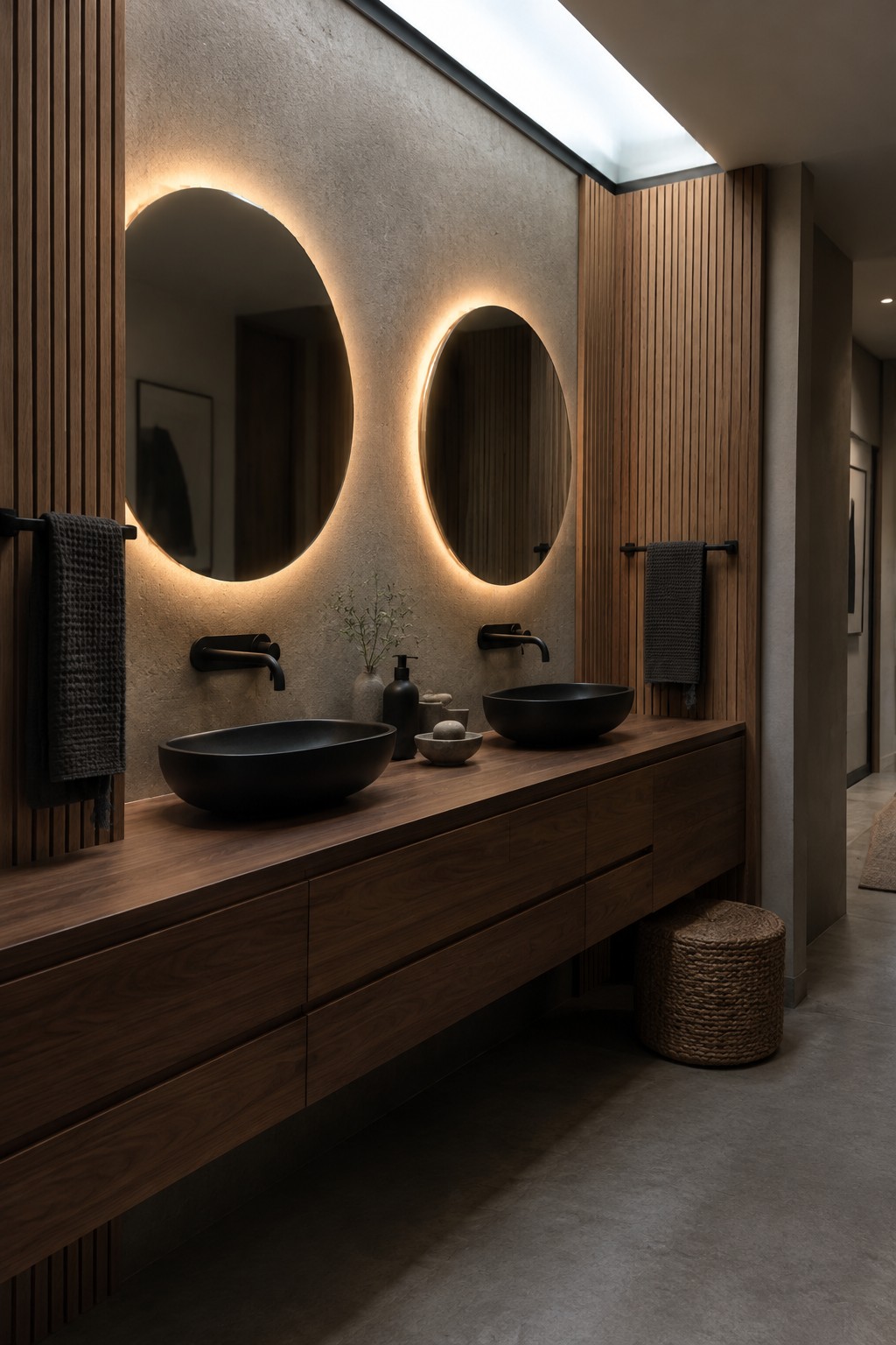 A dark wood double vanity with black vessel sinks, round backlit mirrors, and vertical wood slat panels on a textured wall.
