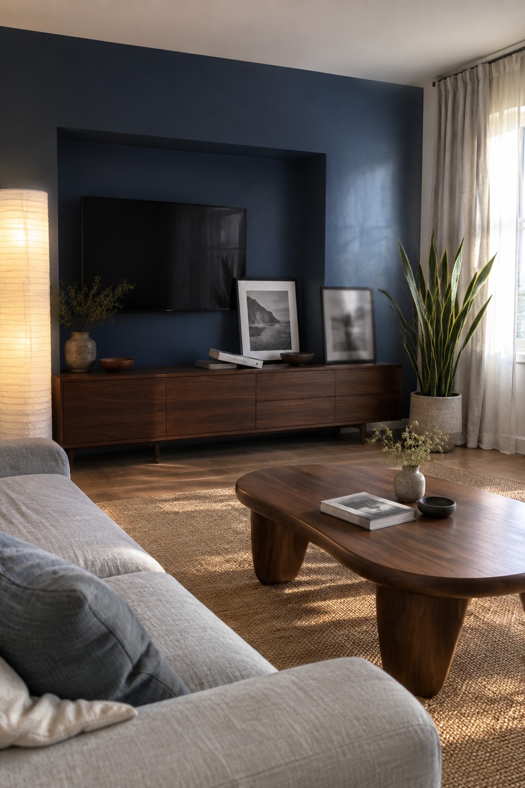 A deep navy painted living room alcove frames a television above a walnut cabinet.