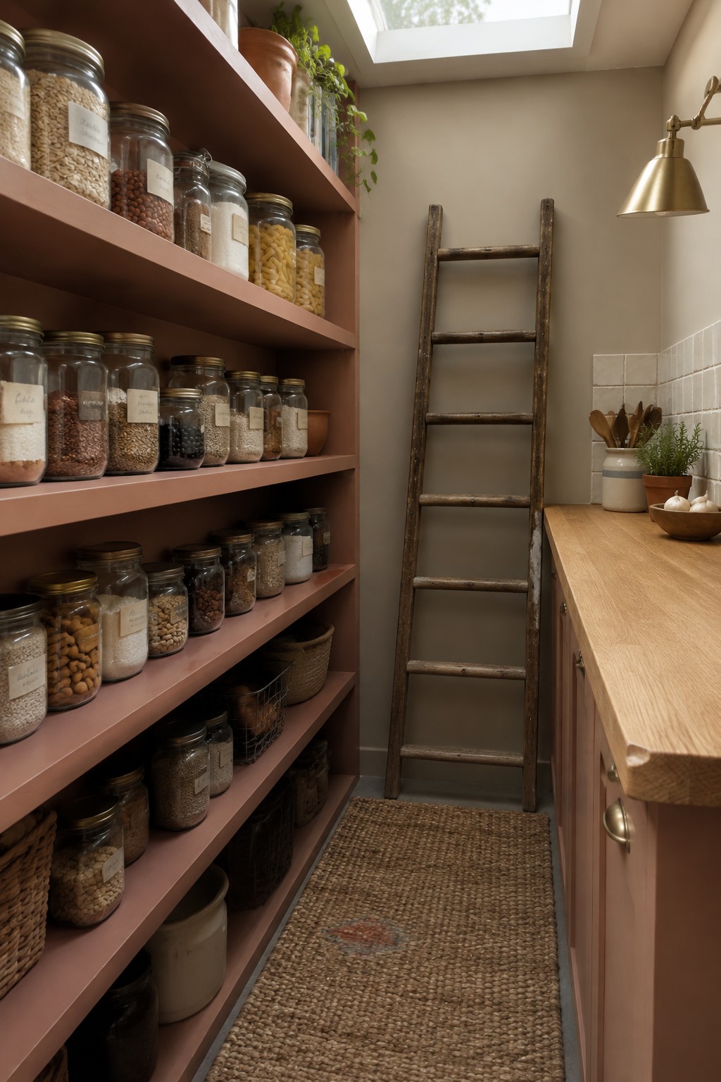 Dusty rose pantry shelving beside a wood counter in a narrow walk-in pantry.