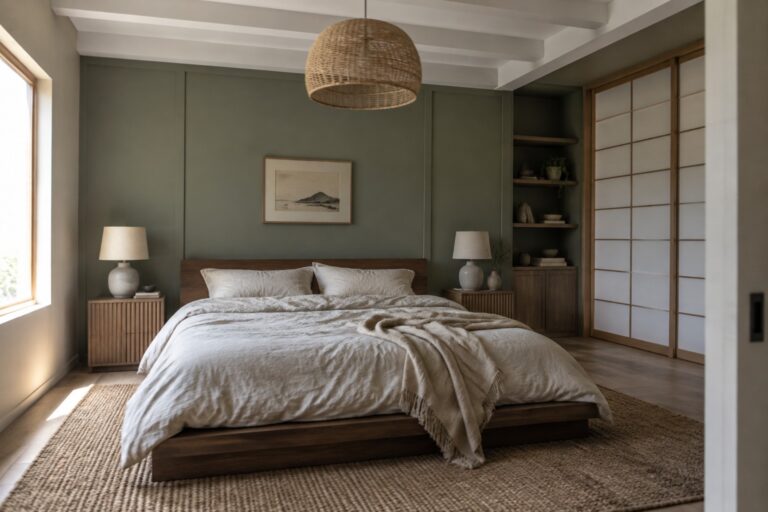 A bedroom with muted sage walls and built-in shelves behind a wood bed.