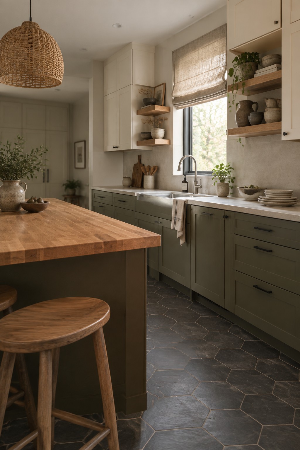 Muted olive-green kitchen cabinets paired with a warm wood island and pale countertops.