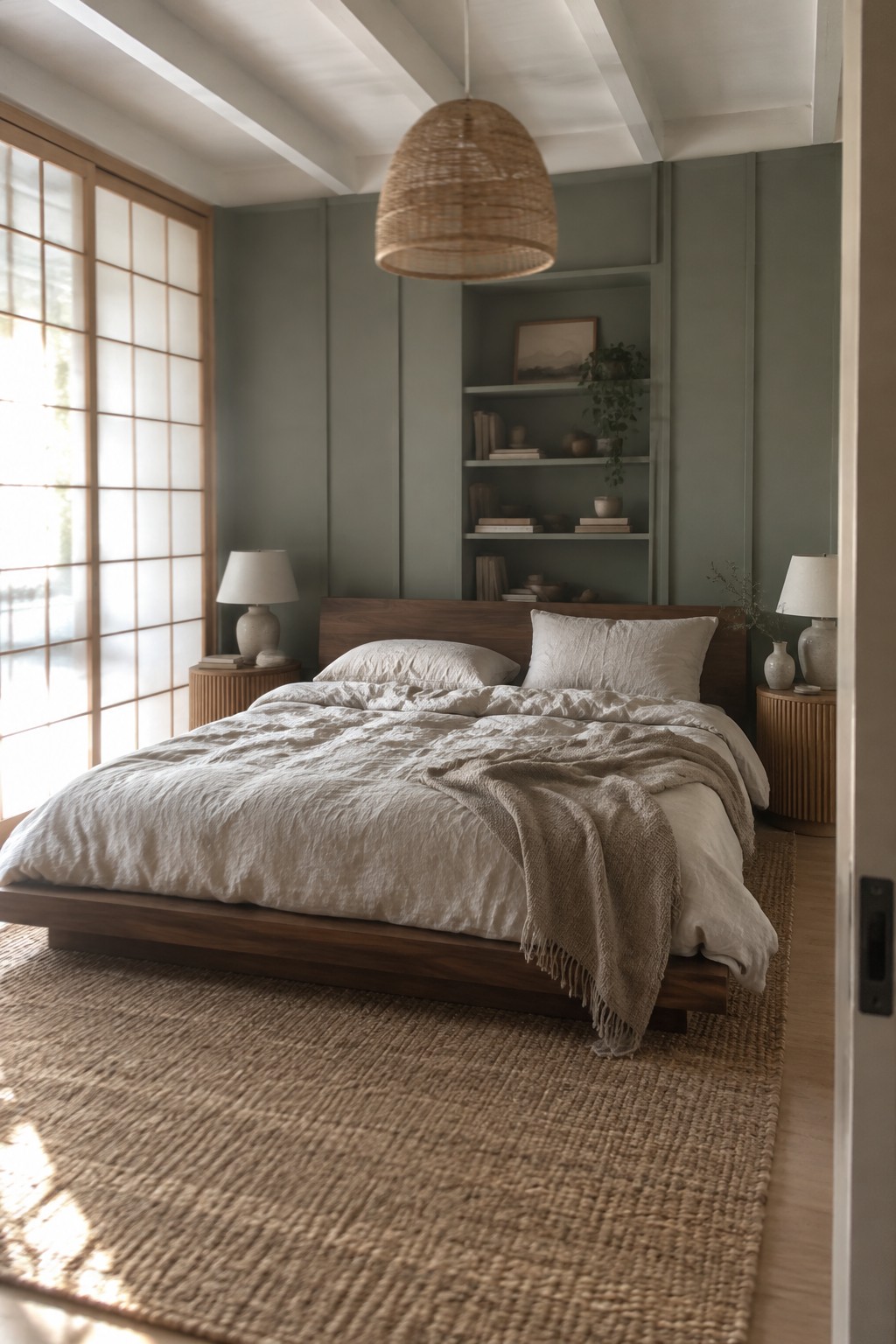A bedroom with muted sage walls and built-in shelves behind a wood bed.