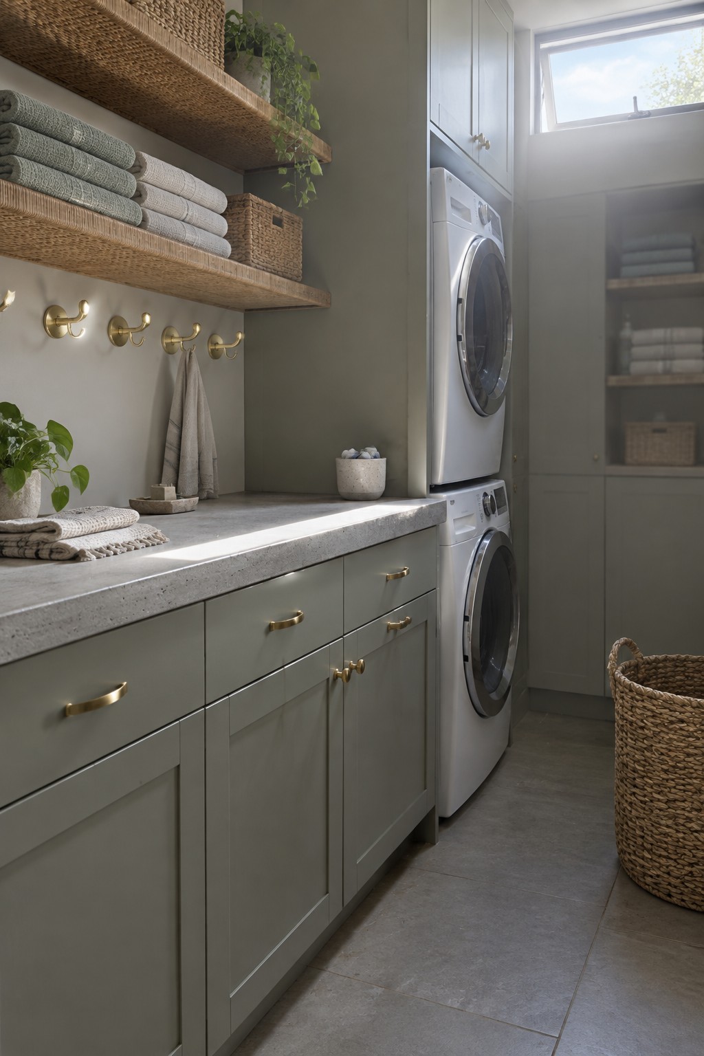 Muted sage-green laundry room cabinets beneath a pale stone countertop.