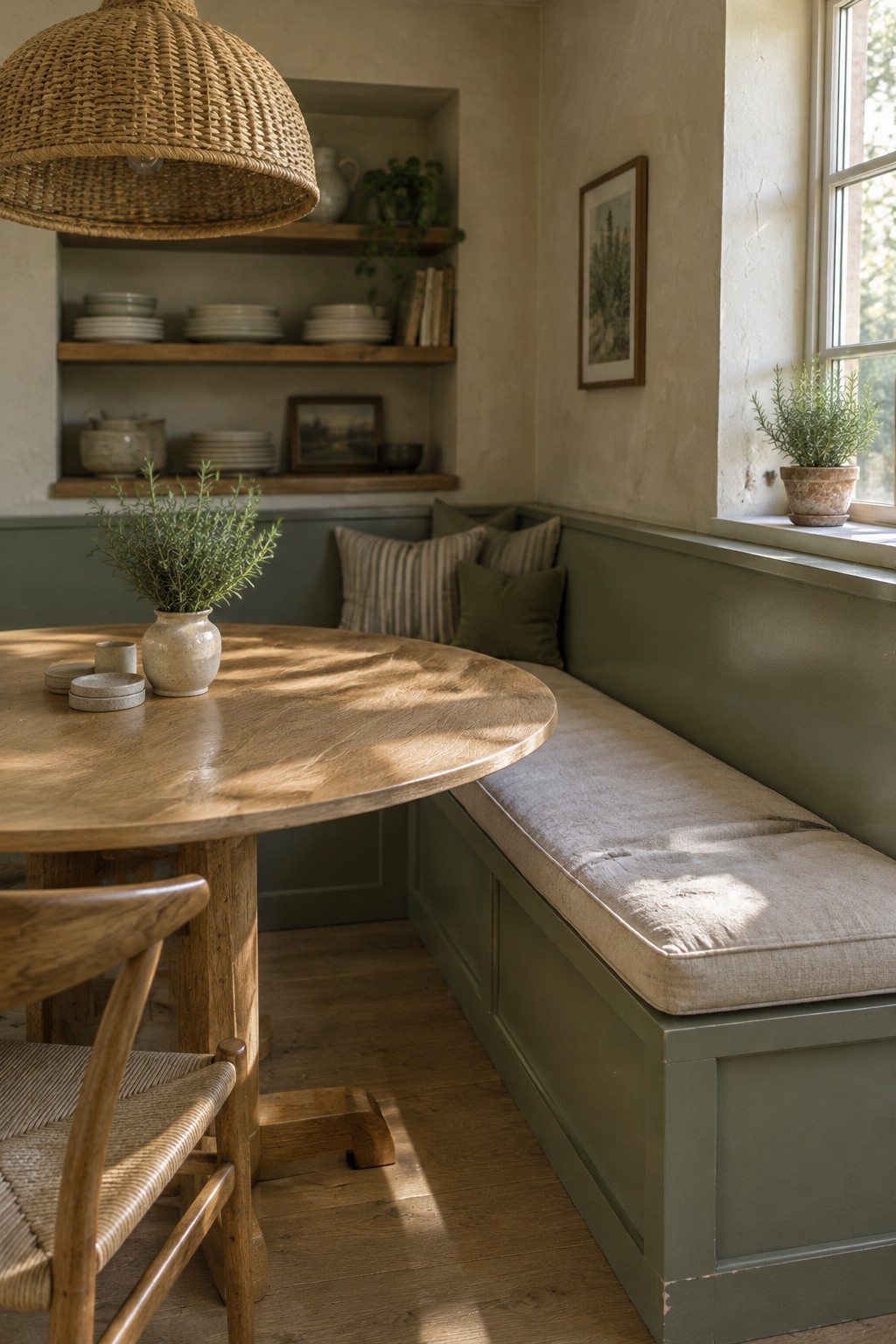 Muted olive green paint covers a built-in dining banquette beside a warm wood table.