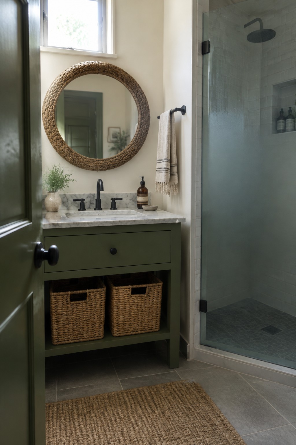 Olive green bathroom vanity with a pale marble countertop beside a glass shower.