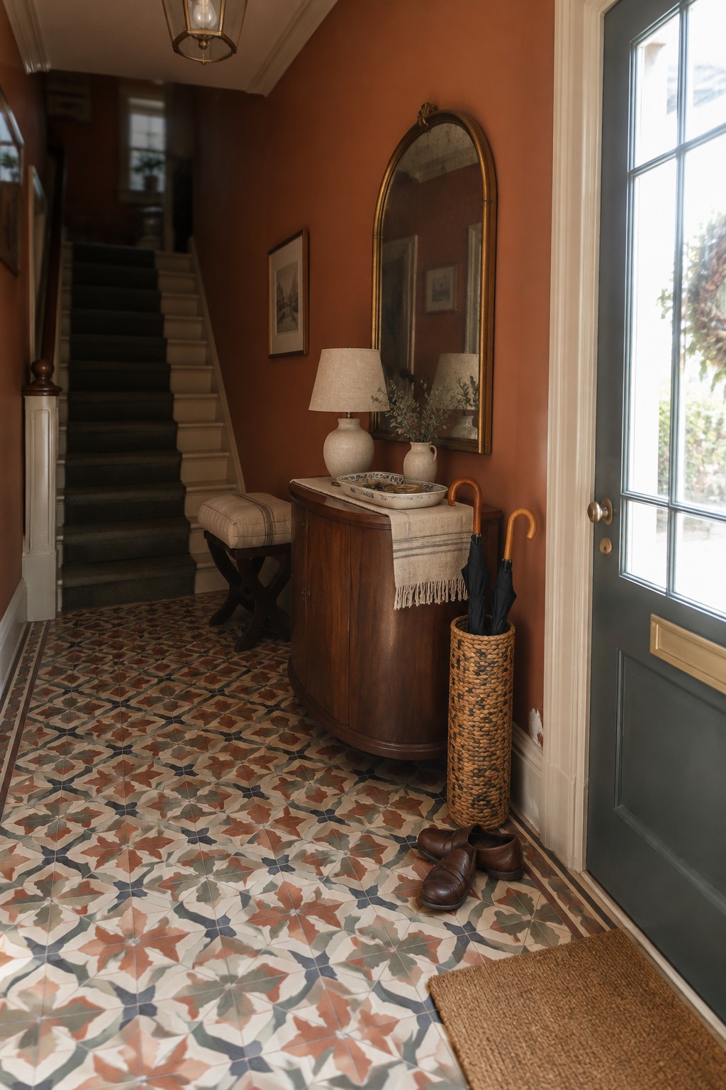 Muted terracotta walls in a traditional entryway with patterned tile flooring.