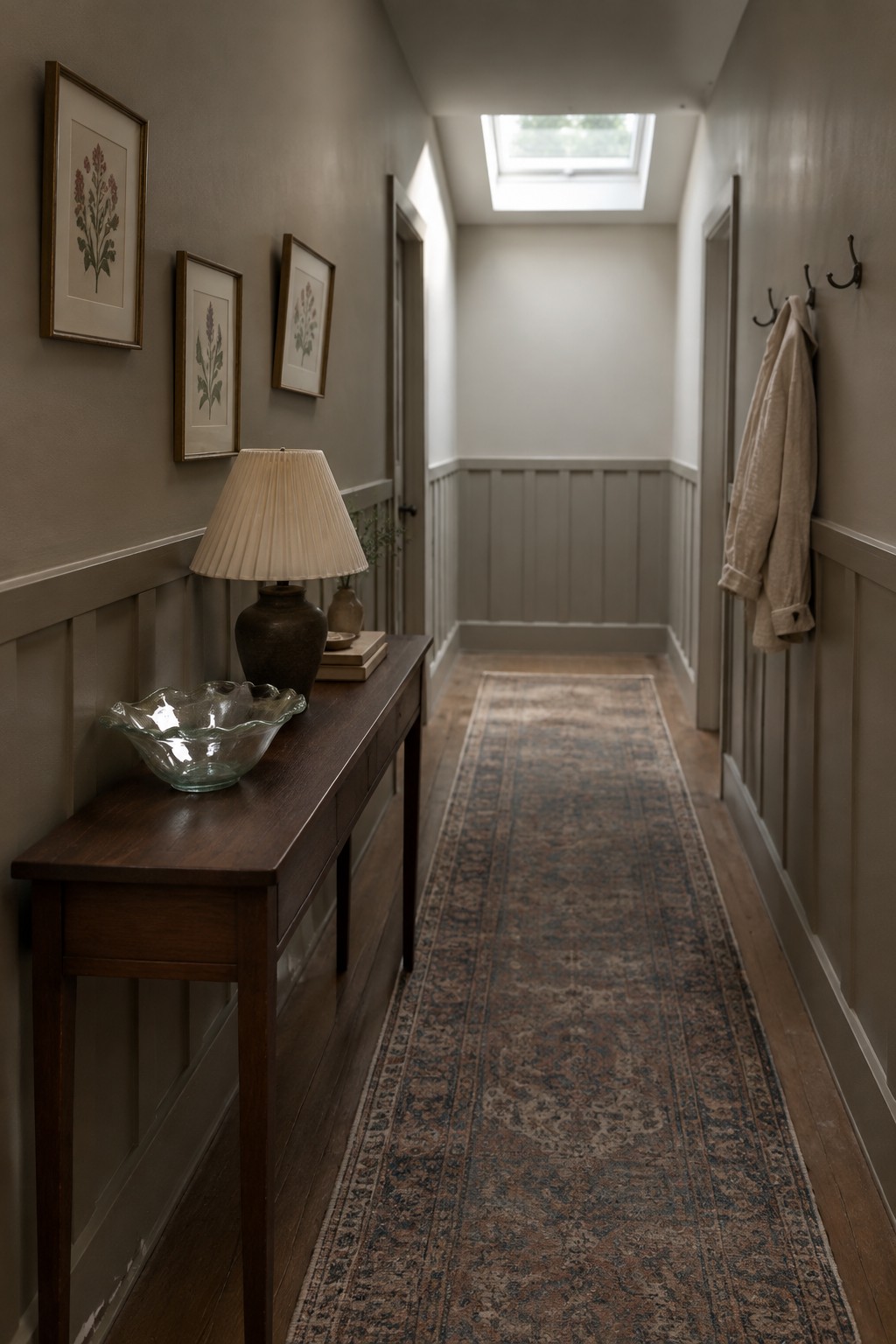Warm greige upper walls above paneled wainscoting in a narrow hallway.