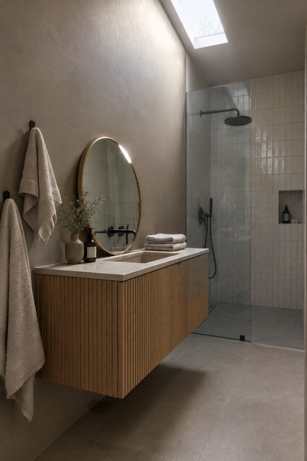 Warm greige bathroom walls beside a vertical oak vanity and glass shower.