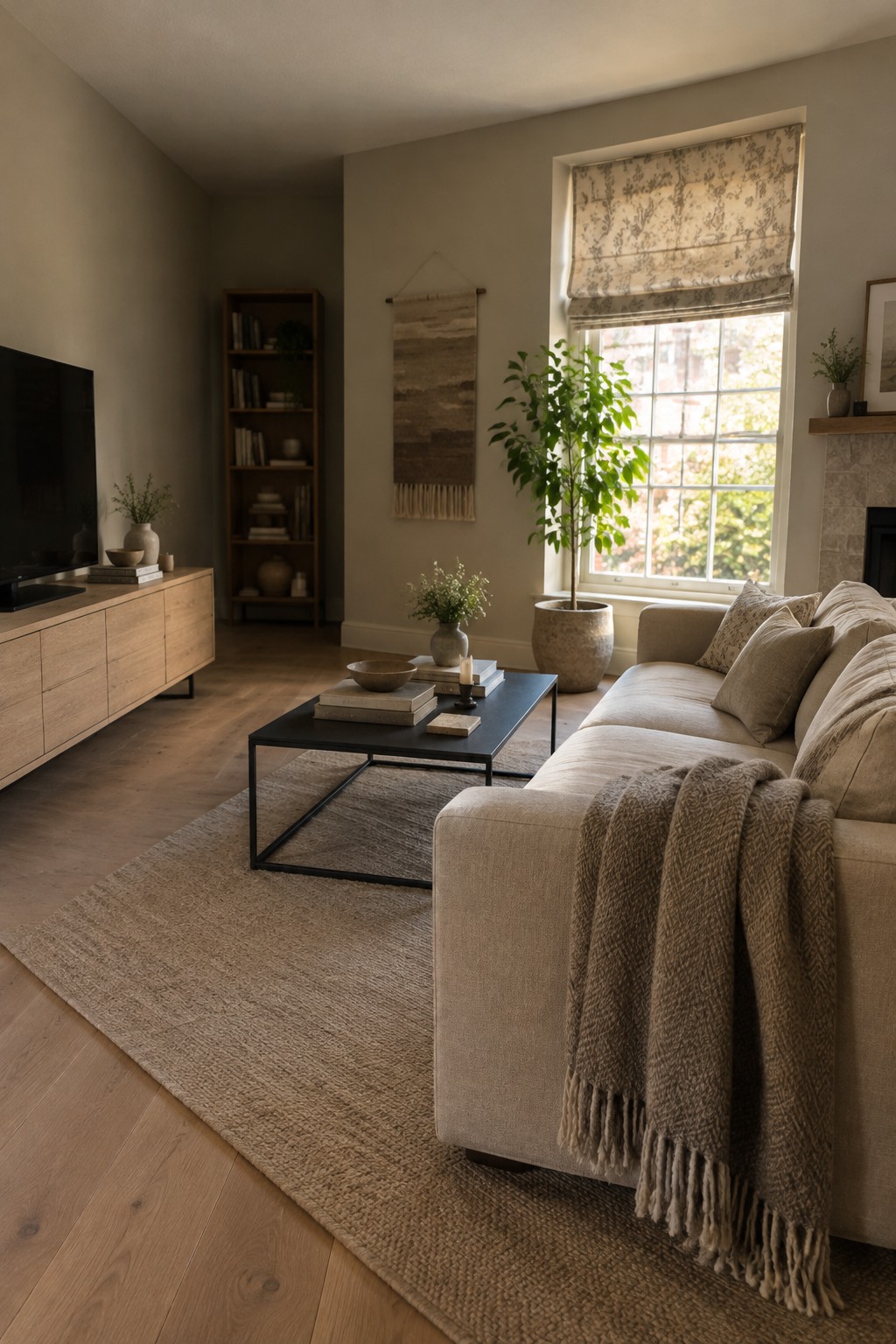 Warm greige living room walls beside wood flooring and a light wood media cabinet.