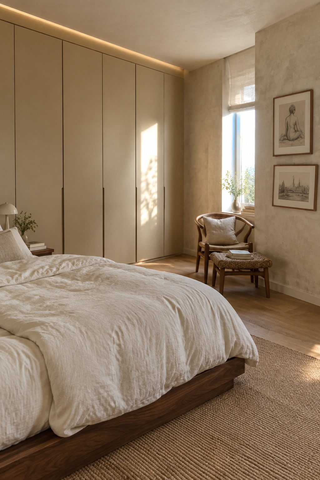 Warm greige built-in wardrobes in a bedroom with walnut flooring.