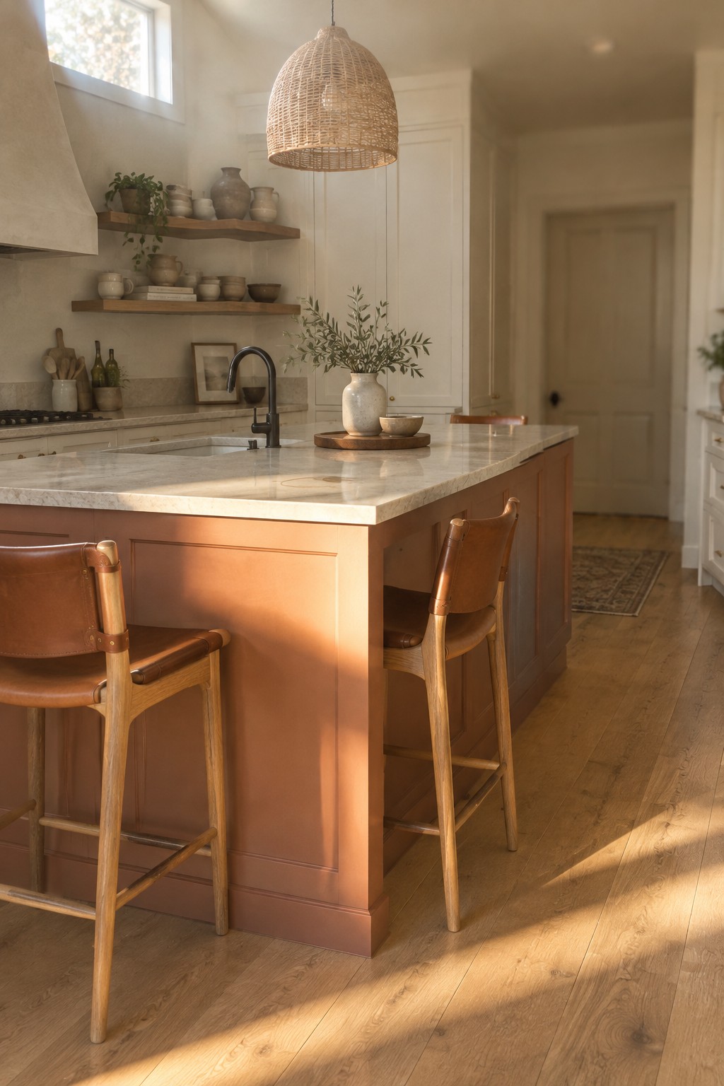 Muted terracotta paint on a kitchen island beneath a pale marble countertop.