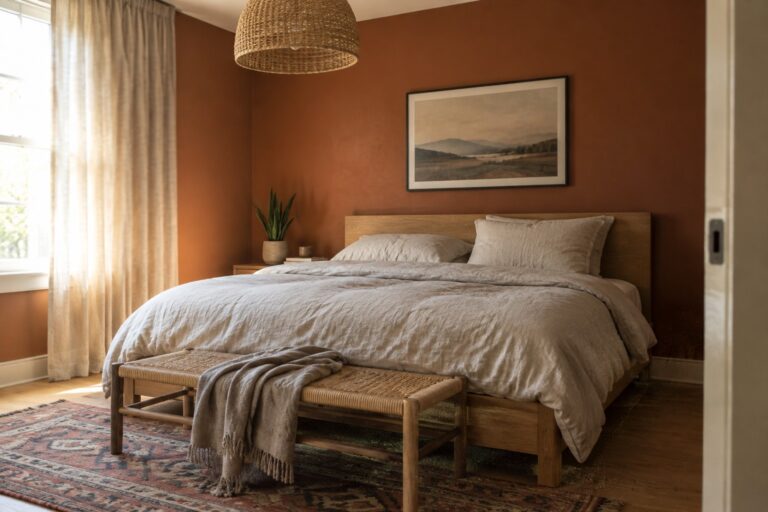 A bedroom with muted terracotta walls behind a warm wood bed.