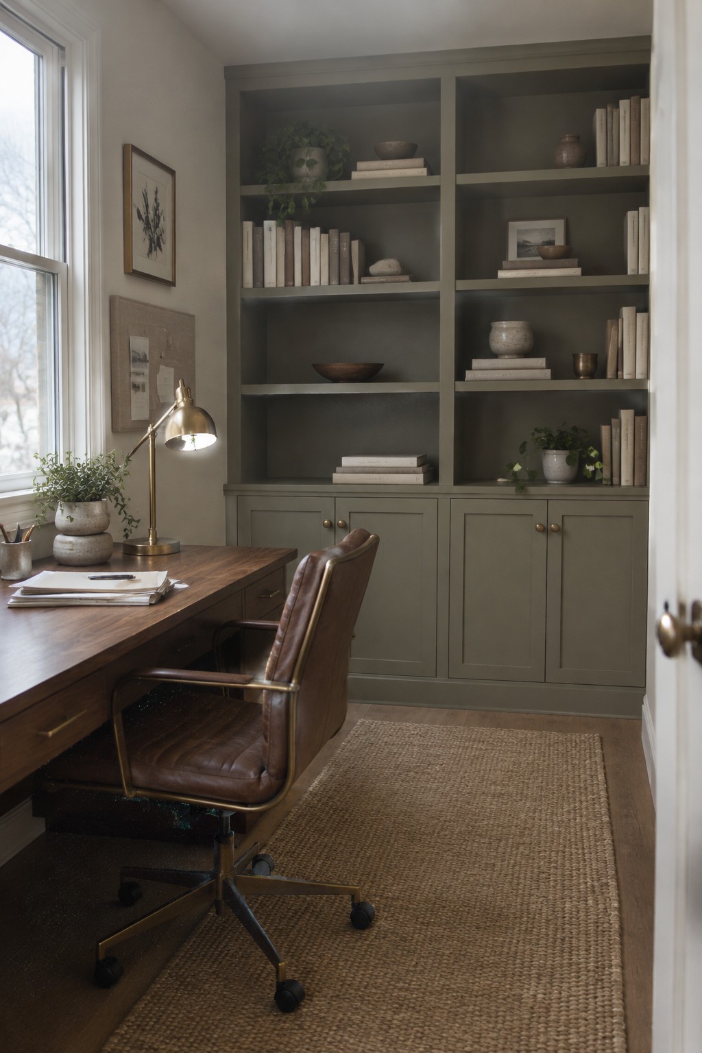 Muted olive-green built-in shelves and cabinets in a home office.