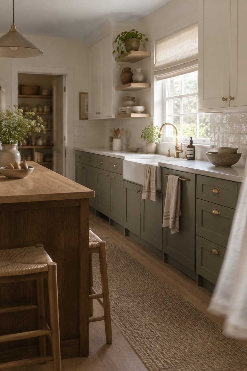 Muted sage kitchen cabinets beside a warm wood island.