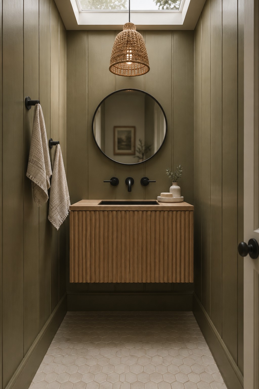 Muted olive-green paneling in a small bathroom beside a fluted oak vanity.