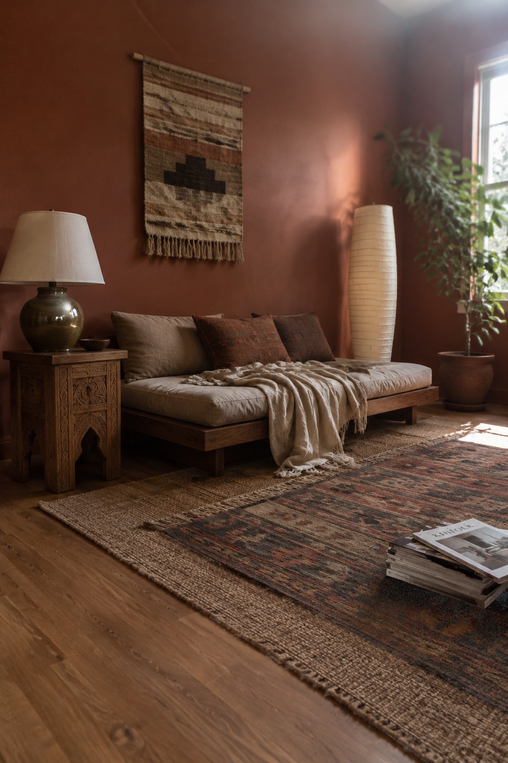 Muted rust-terracotta walls in a Japandi-style sitting room with natural wood floors.
