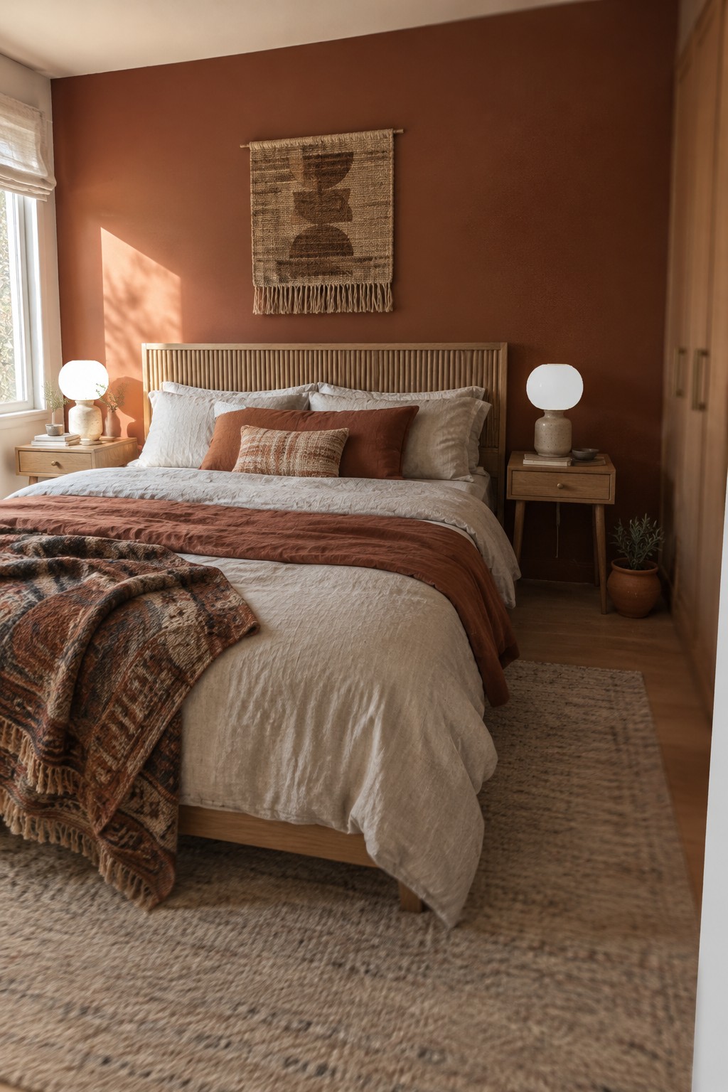 Rust-terracotta bedroom walls paired with a natural oak headboard.