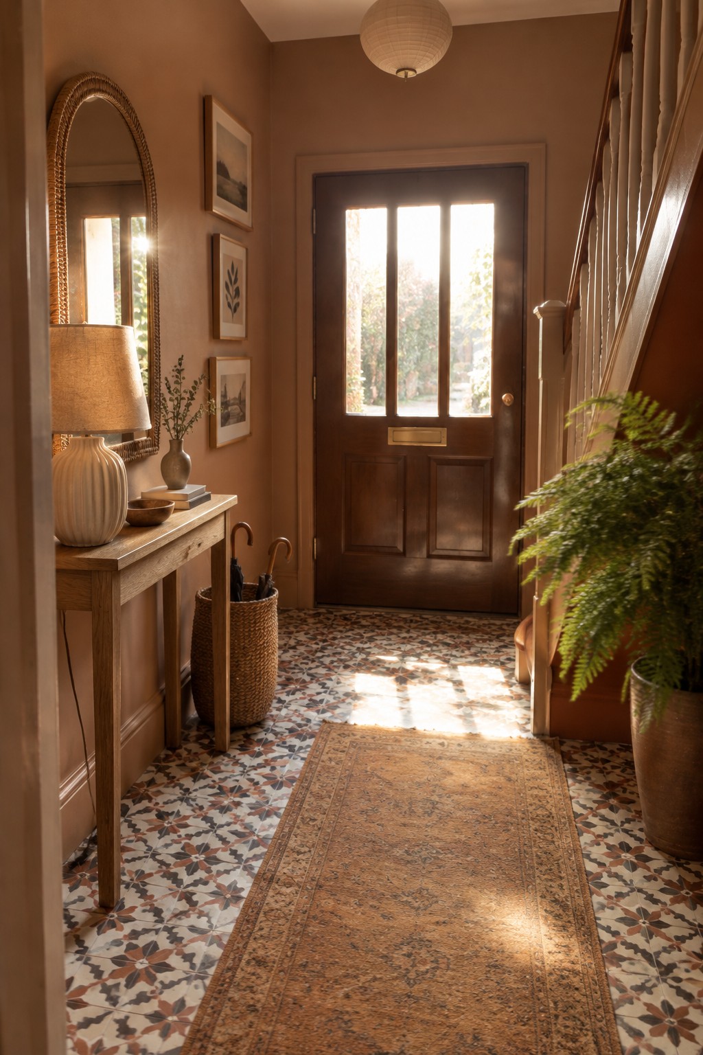 Muted terracotta walls in a narrow entry with warm wood trim.