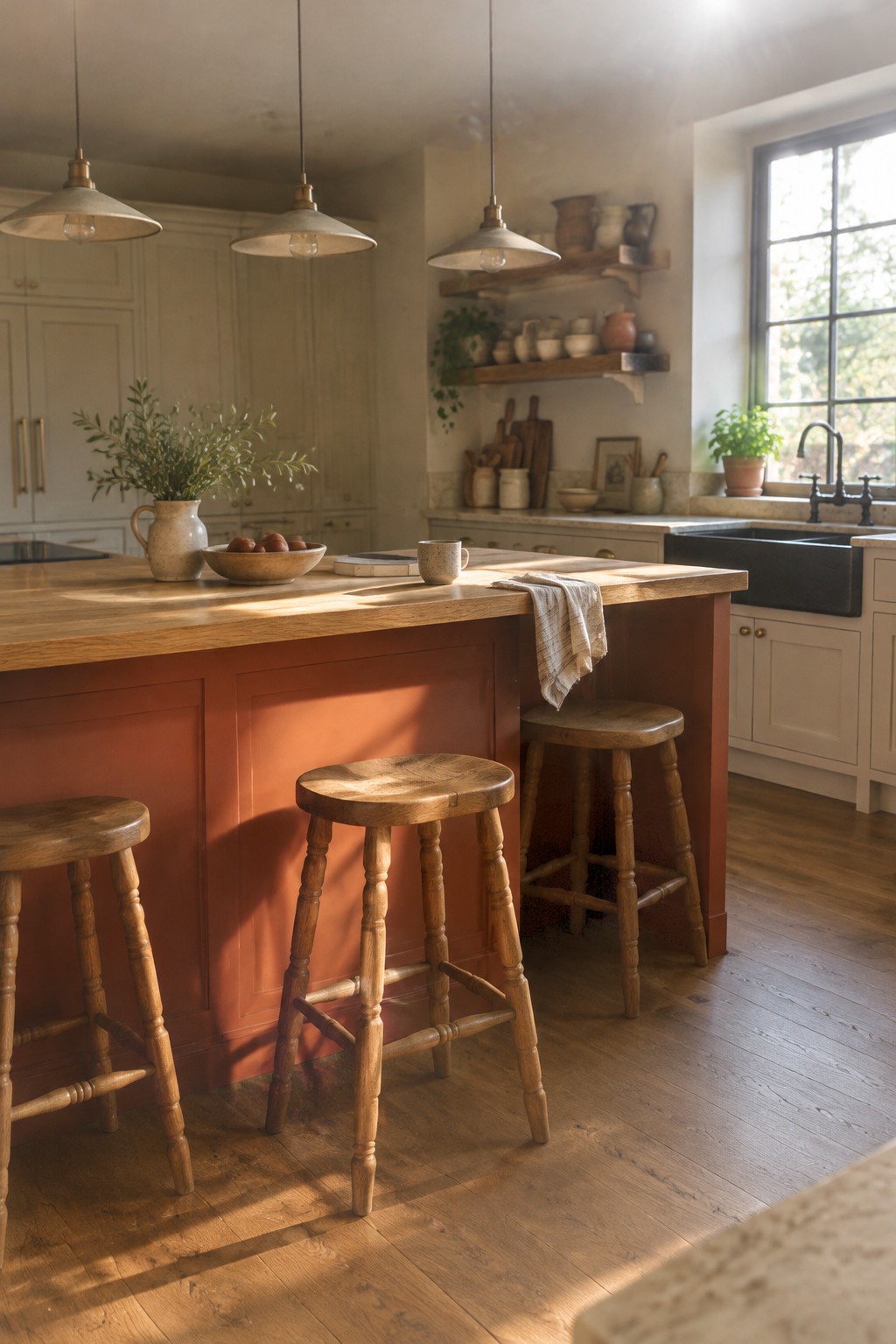 Terracotta-painted kitchen island with a warm wood countertop in a cream kitchen.