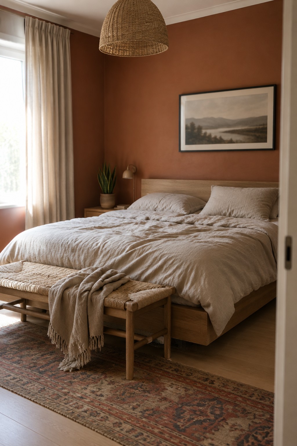 A bedroom with muted terracotta walls behind a warm wood bed.