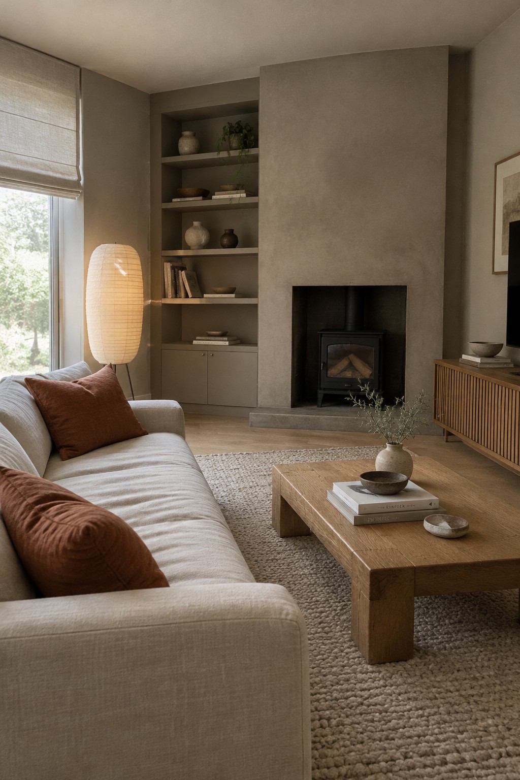 Warm greige paint covers the living room fireplace wall and built-in shelves.