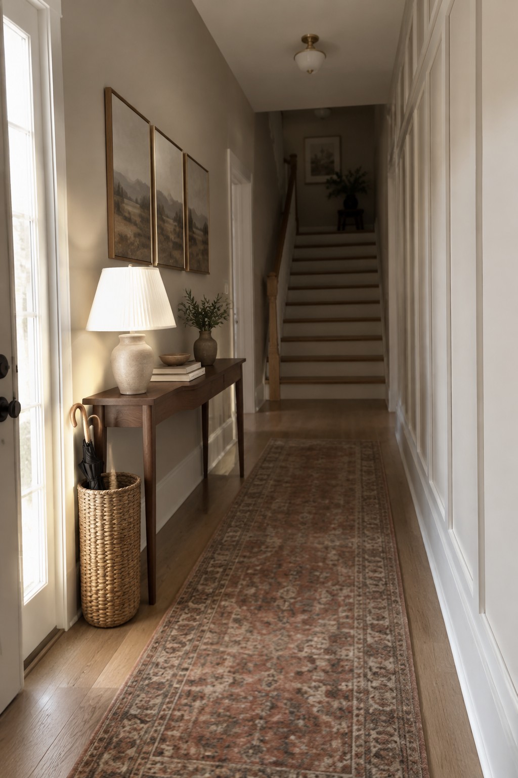 Warm greige walls in a narrow hallway with white trim and wood flooring.