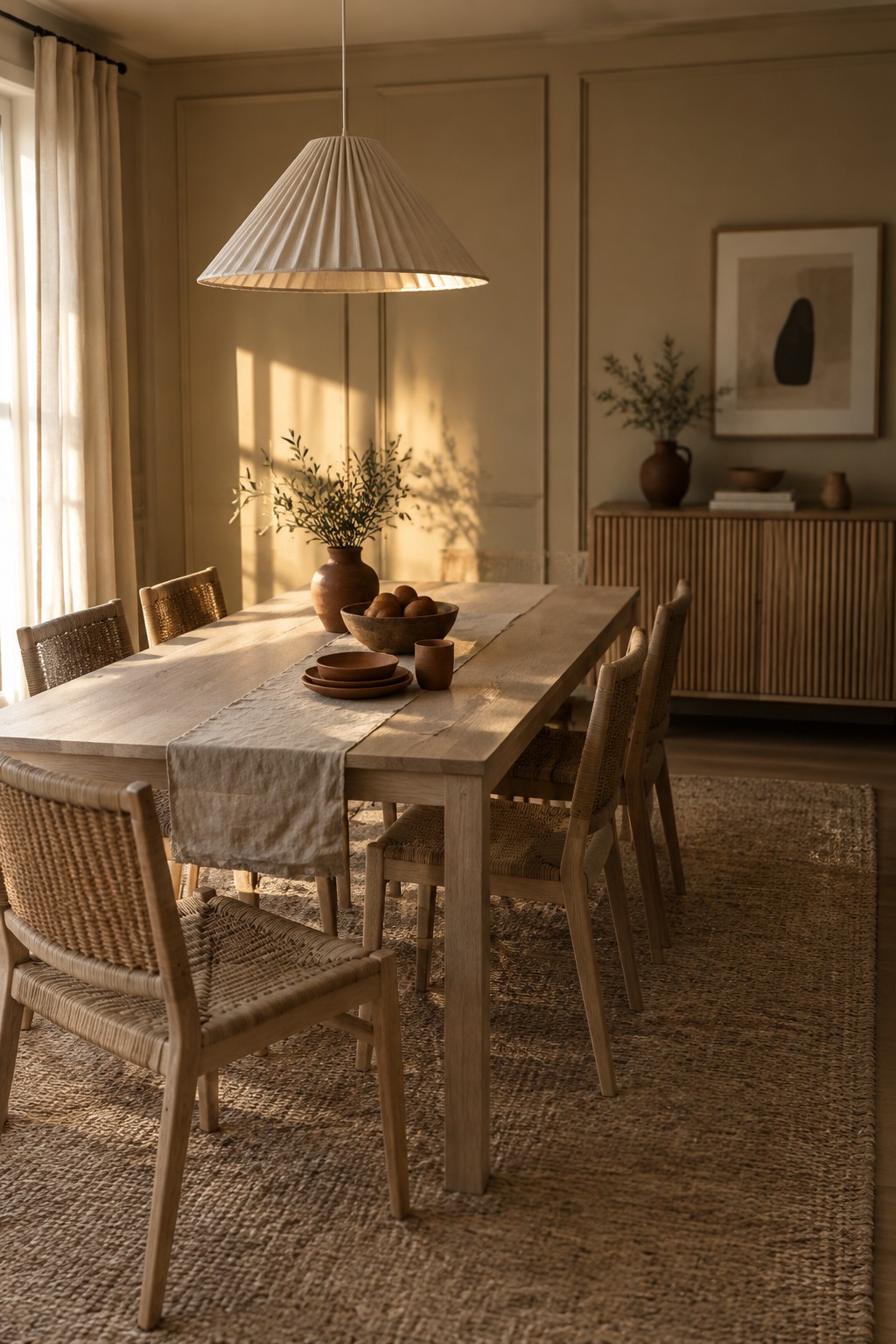 Warm greige dining room walls paired with a pale wood table.