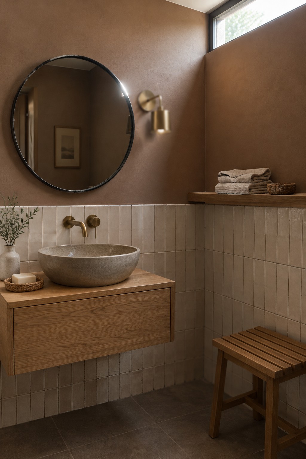 Warm taupe painted walls above beige tile in a small bathroom.