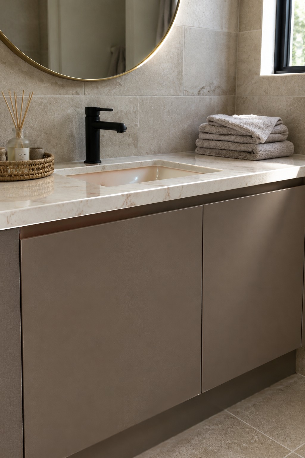 Warm taupe bathroom vanity beneath a cream stone countertop and tiled wall.