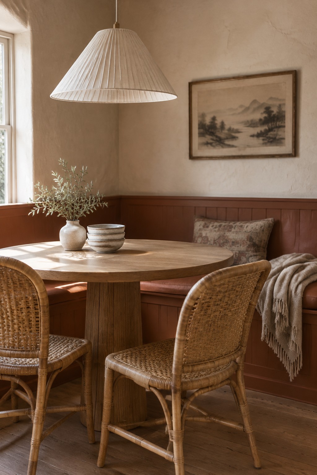 Warm terracotta-painted wainscoting in a dining nook with rattan chairs.