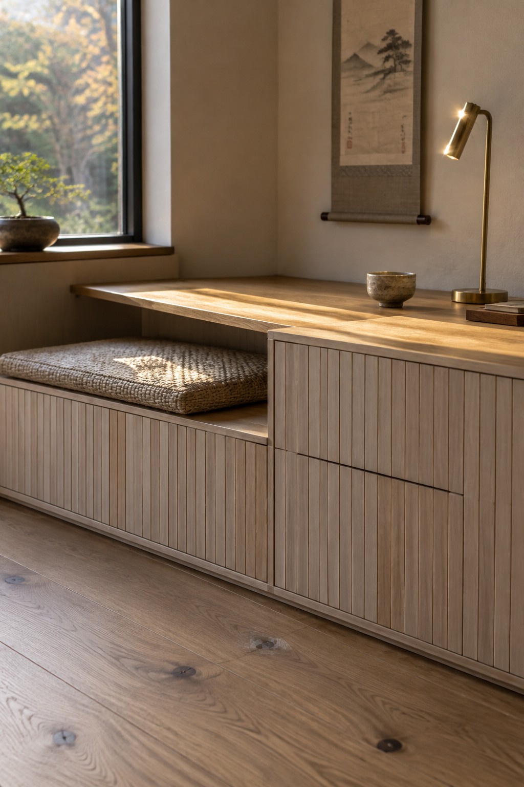 A built-in wood desk and vertical-slat cabinets sit beside a cushioned window seat.