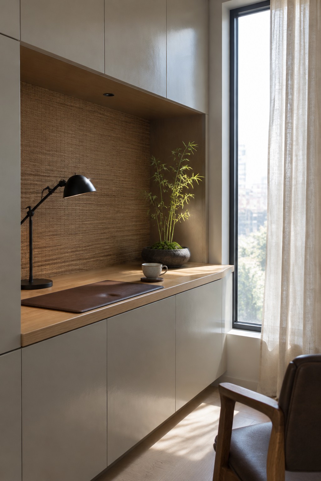 A wood desk counter sits between pale built-in cabinets, with a woven wall panel, desk lamp, potted plant, and window nearby.