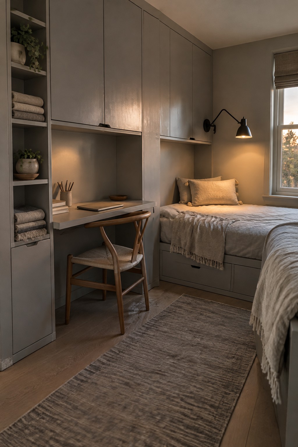 A built-in desk and wooden chair sit beside a bed beneath wall cabinets, with open shelves holding folded towels and plants.