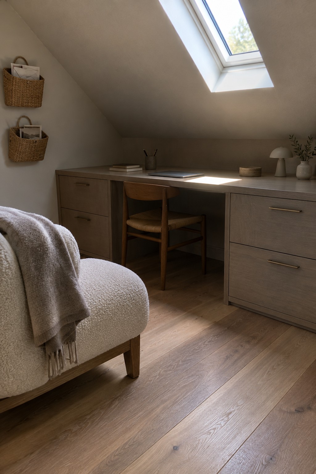 A built-in wooden desk with drawers sits beneath a sloped attic ceiling, with a chair tucked in front and a skylight above.