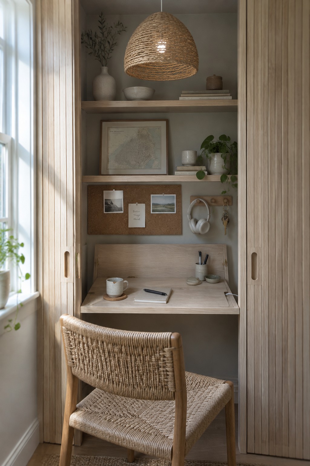 A light wood built-in desk sits between tall slatted cabinet doors, with shelves, a corkboard, and a woven chair.