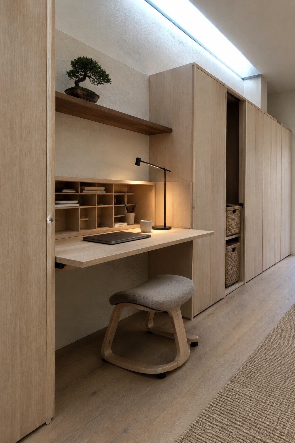 A built-in light wood desk sits within tall cabinets, with open shelving, a stool, and a desk lamp.