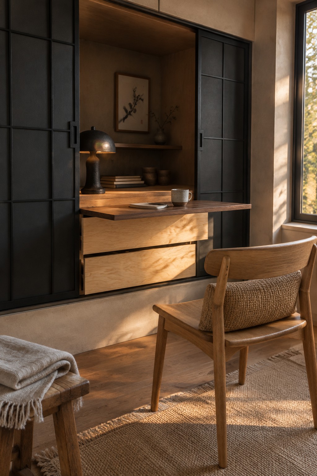 A built-in wood desk with drawers sits inside a dark cabinet with sliding doors, beside a wooden chair and window.