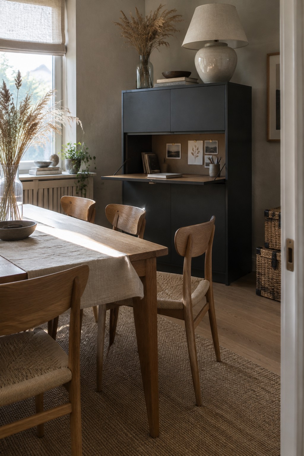 A dark cabinet with a fold-down desk stands behind a wooden dining table and chairs.
