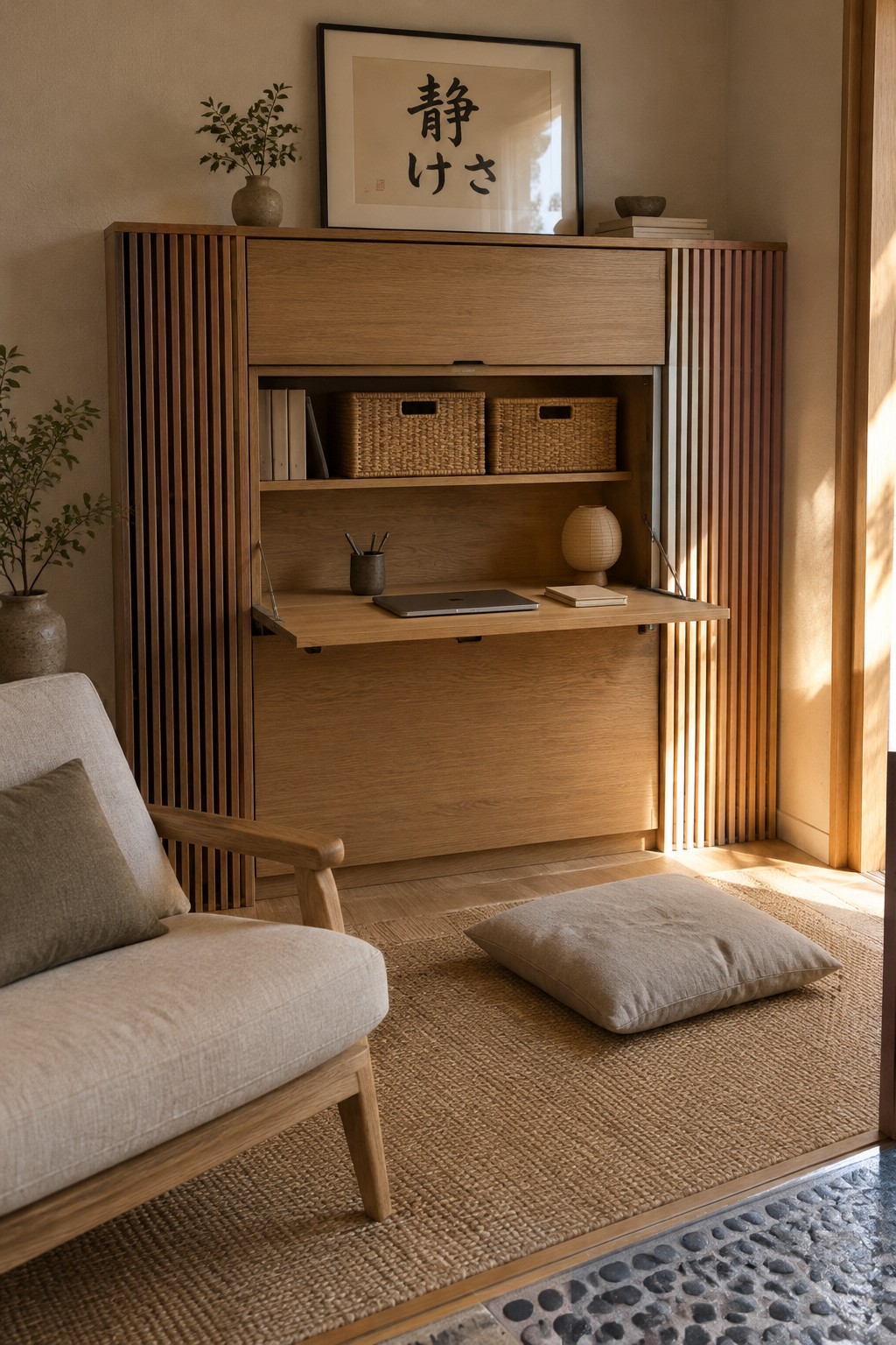 A wooden cabinet with a fold-down desk open, a laptop on the work surface, and shelves with woven baskets above.