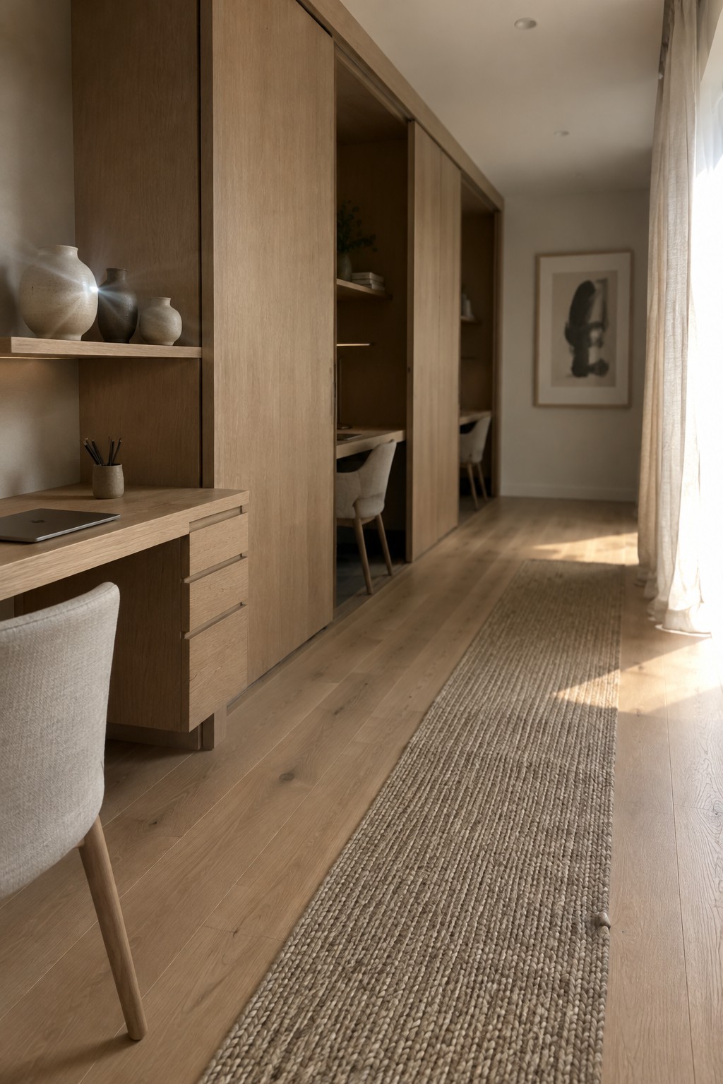 A long home office with light wood built-in cabinets, two desk areas, upholstered chairs, and a woven runner.