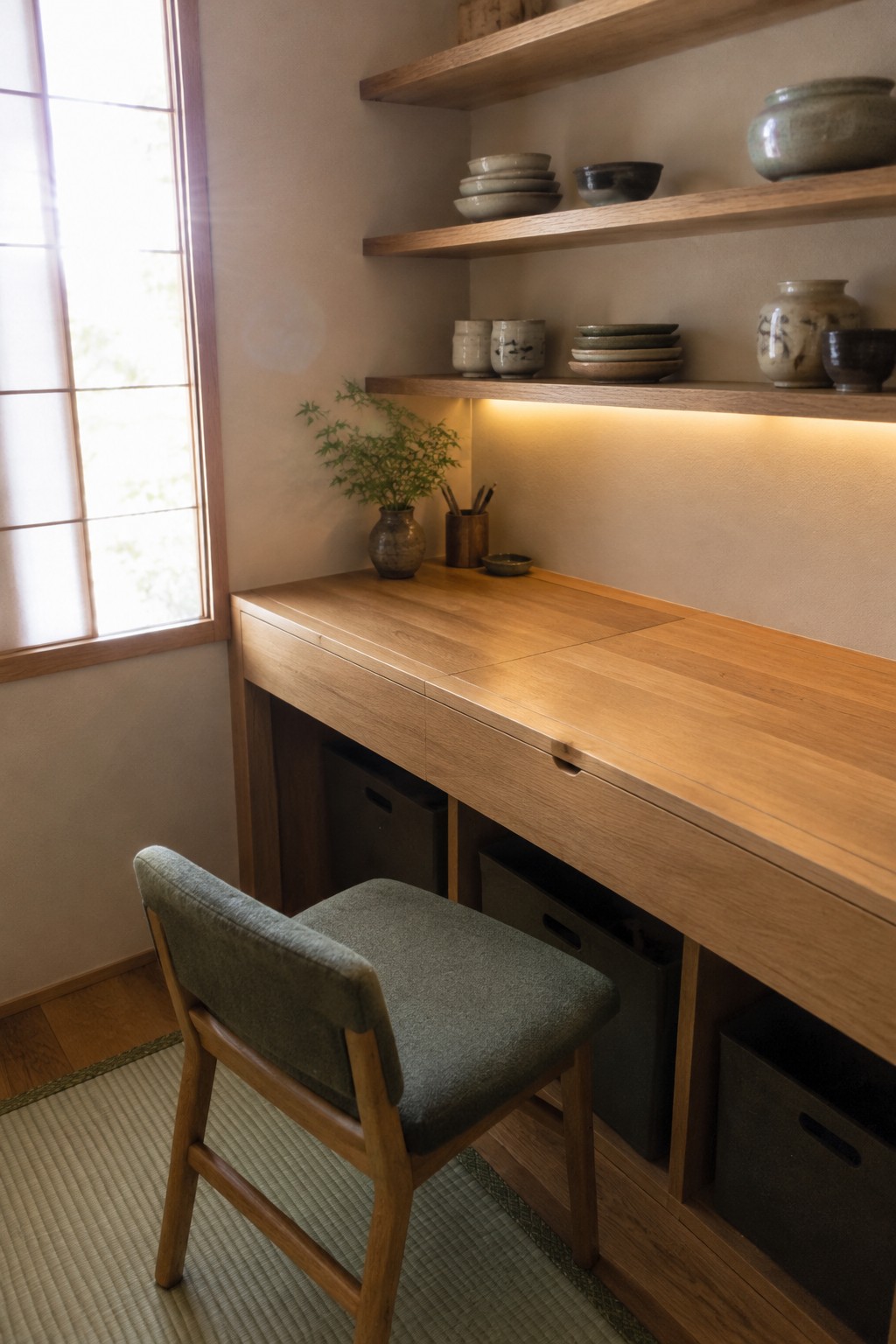A wooden built-in desk with open lower compartments holding dark storage bins, a gray upholstered chair, and pottery on shelves above.