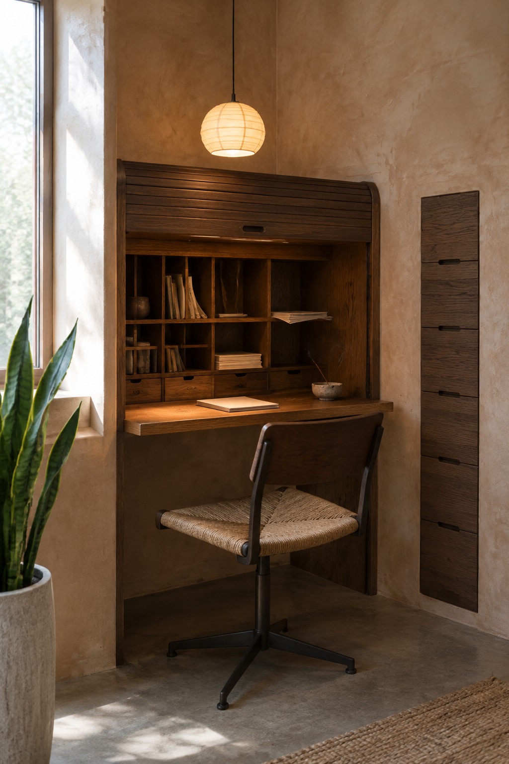 A built-in dark wood desk with a roll-down front, open shelves, and a woven-seat chair sits in a warm-toned home office alcove.